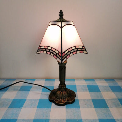 European Vintage Tiffany Square Stained Glass Iron 1-Light Table Lamp