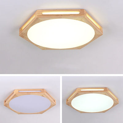 Nordic Minimalist Hexagonal Hollow Rubberwood Acrylic LED Flush Mount Ceiling Light