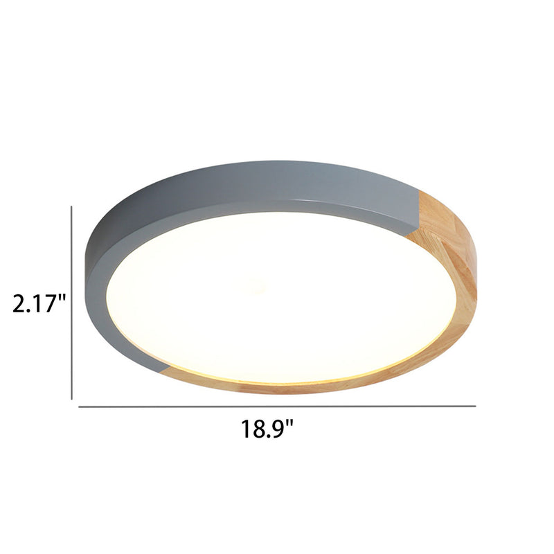 Nordic Minimalist Rubber Wood Wrought Iron Round LED Flush Mount Ceiling Light