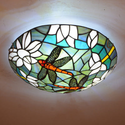 Vintage Tiffany Libelle Buntglas 2/3 Licht Unterputz Deckenleuchte 