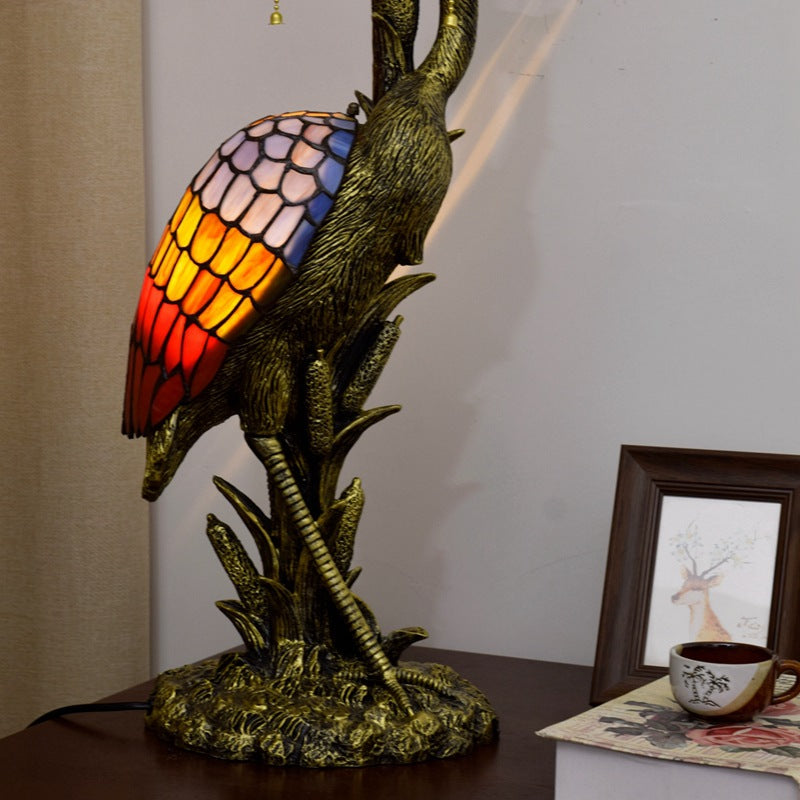 European Retro Light Luxury Tiffany Female Crane Stained Glass 3-Light Table Lamp