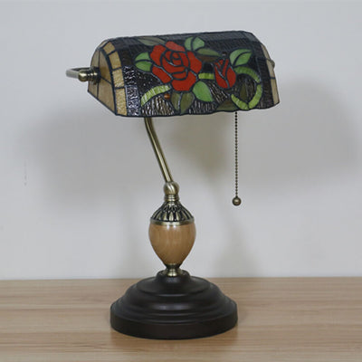 European Tiffany Flower Glass 1-Light Banker Table Lamp