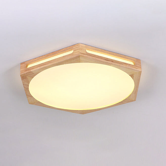 Nordic Minimalist Hexagonal Hollow Rubberwood Acrylic LED Flush Mount Ceiling Light