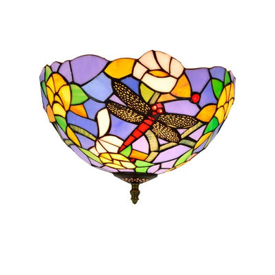 Tiffany Dragonfly Flower Stained Glass Bowl 2-Light Flush Mount Ceiling Light