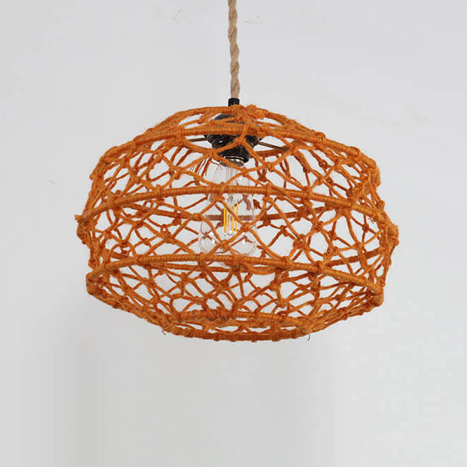 Modern Minimalist Woven Hemp Rope Wrought Iron Lantern 1-Light Pendant Light