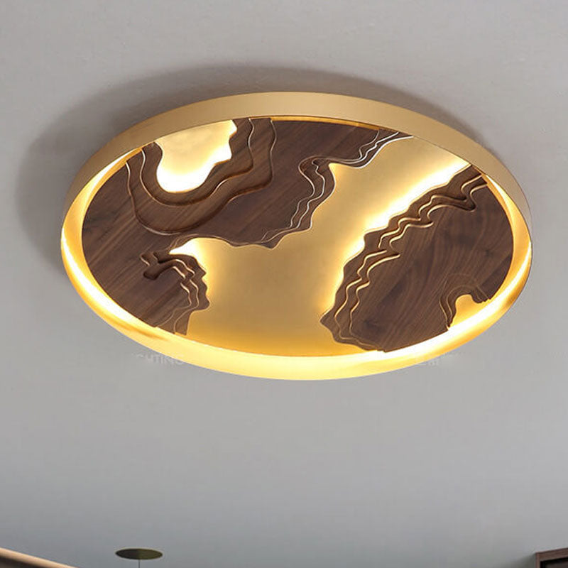 Modern Solid Wood Round Landscape LED Flush Mount Ceiling Light