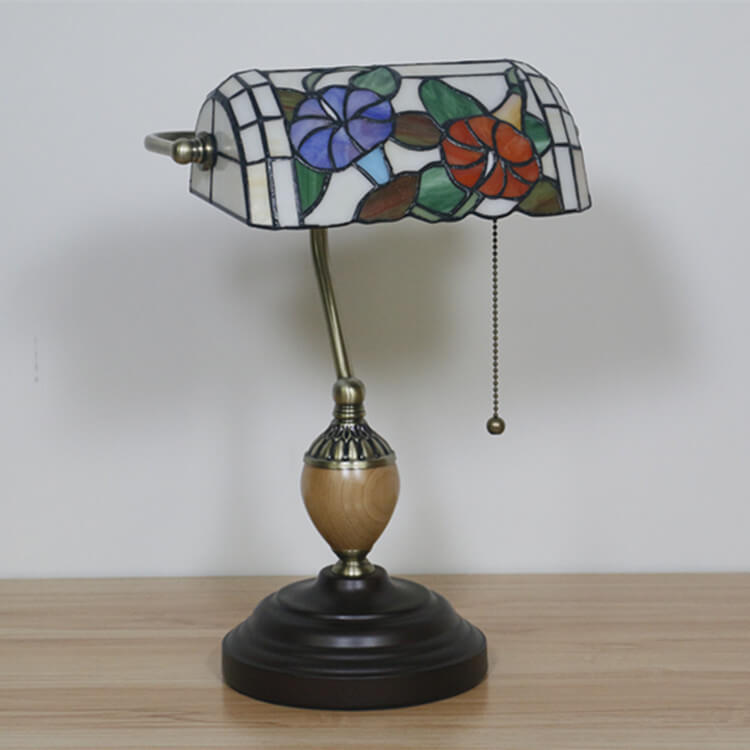 European Tiffany Flower Glass 1-Light Banker Table Lamp