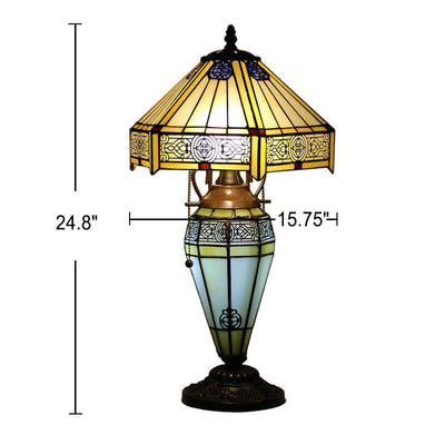 Lampe de table européenne à 2 lumières en forme de dôme hexagonal en vitrail Tiffany 