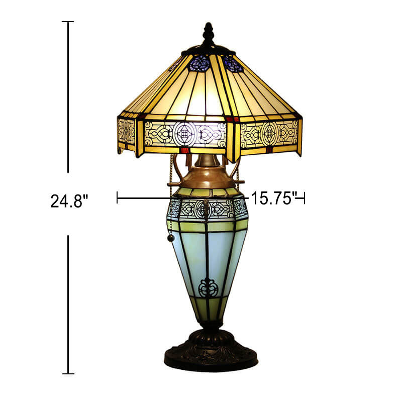 Lampe de table européenne à 2 lumières en forme de dôme hexagonal en vitrail Tiffany 