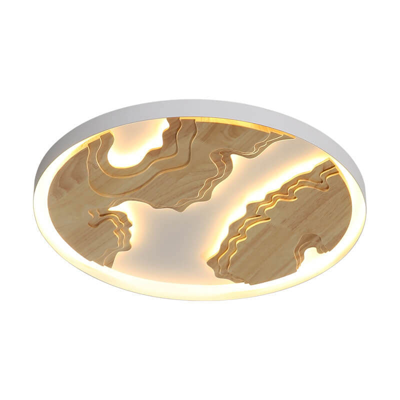 Modern Solid Wood Round Landscape LED Flush Mount Ceiling Light