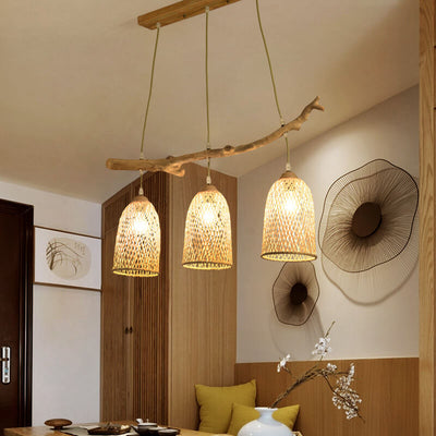 Lustres à abat-jour en cloche suspendus en bois à 3 lumières en tissage de bambou 