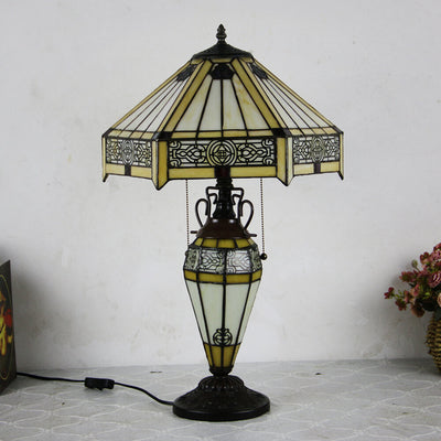 European Tiffany Stained Glass Hexagonal Dome Pull Cord 2-Light Table Lamp