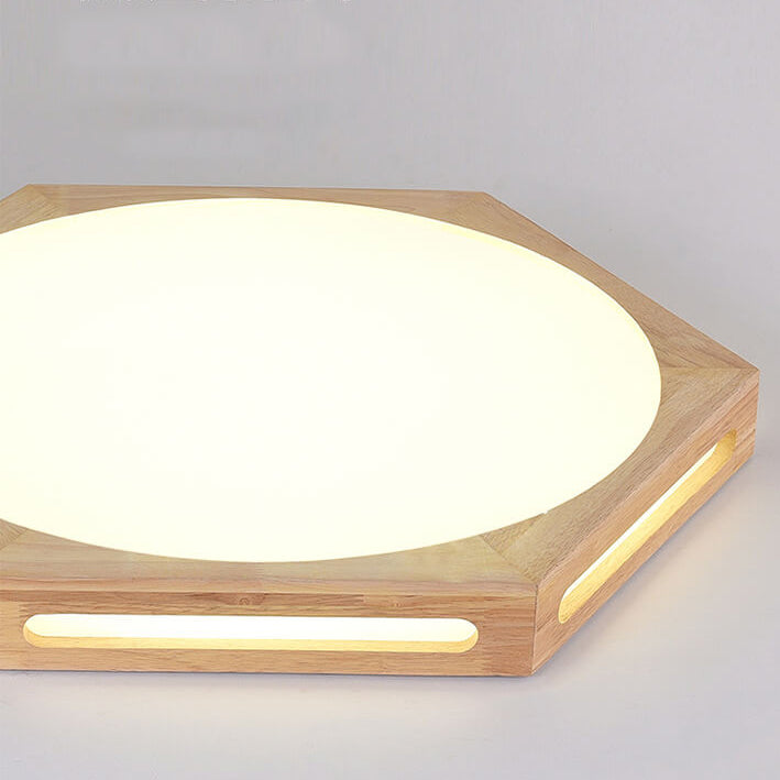 Nordic Minimalist Hexagonal Hollow Rubberwood Acrylic LED Flush Mount Ceiling Light