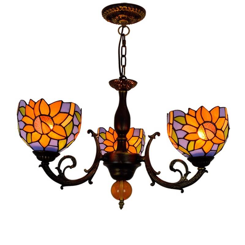 Tiffany Rustic Sunflower Stained Glass 3-Light Chandelier