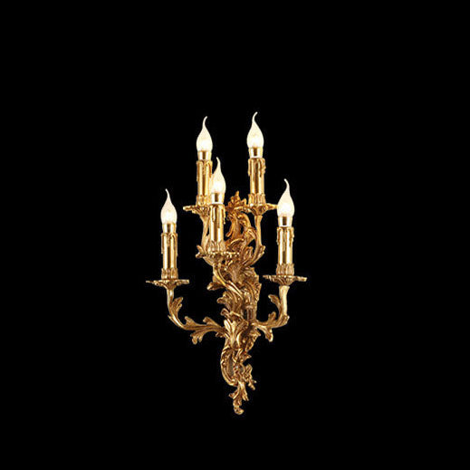 French Vintage Brass Candle Carved 5-Light Wall Sconce Lamp