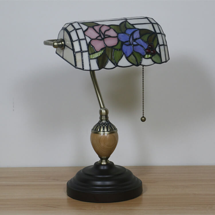 European Tiffany Flower Glass 1-Light Banker Table Lamp