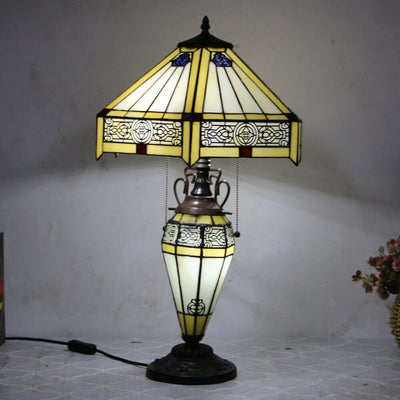 European Tiffany Stained Glass Hexagonal Dome Pull Cord 2-Light Table Lamp