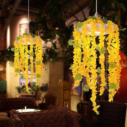 Lampe suspendue rétro à 1 lumière avec plantes de simulation de fleurs jaunes 