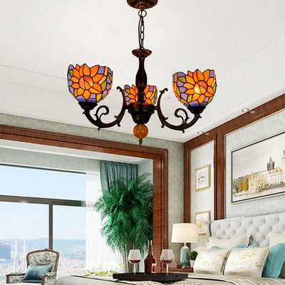 Tiffany Rustikaler Sonnenblumen-Kronleuchter aus Buntglas mit 3 Leuchten 