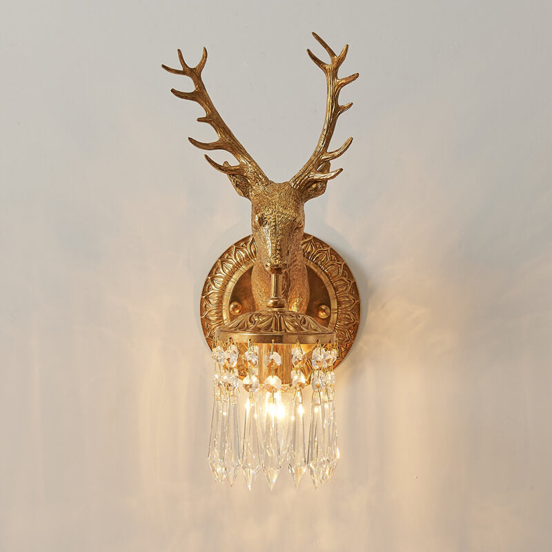 Vintage Luxury Deer Head Brass Crystal 1-Light Wall Sconce Lamp