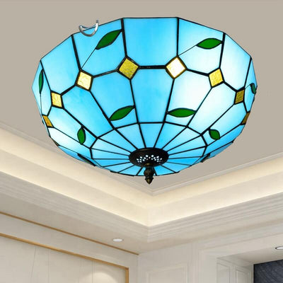 Tiffany Blue Mediterrane Buntglas-Deckenleuchte mit 3 Leuchten zur bündigen Montage 