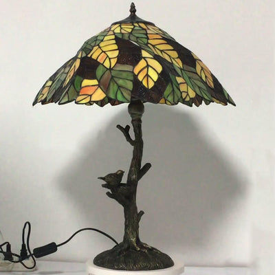 Vintage Tiffany Leaf Stained Glass 2-Light Table Lamp