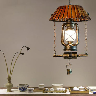 Lampe à huile au kérosène vintage Lampe suspendue en bambou à 1 lumière 