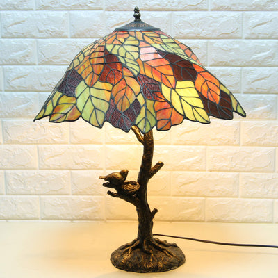 Vintage Tiffany Leaf Buntglas 2-flammige Tischlampe 