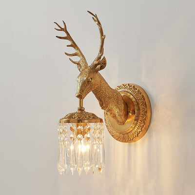 Vintage Luxury Deer Head Brass Crystal 1-Light Wall Sconce Lamp