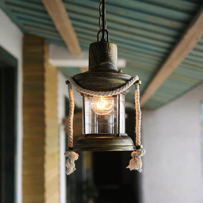 Vintage Hanfseil Laterne Öllampe Eisen Pendelleuchte 