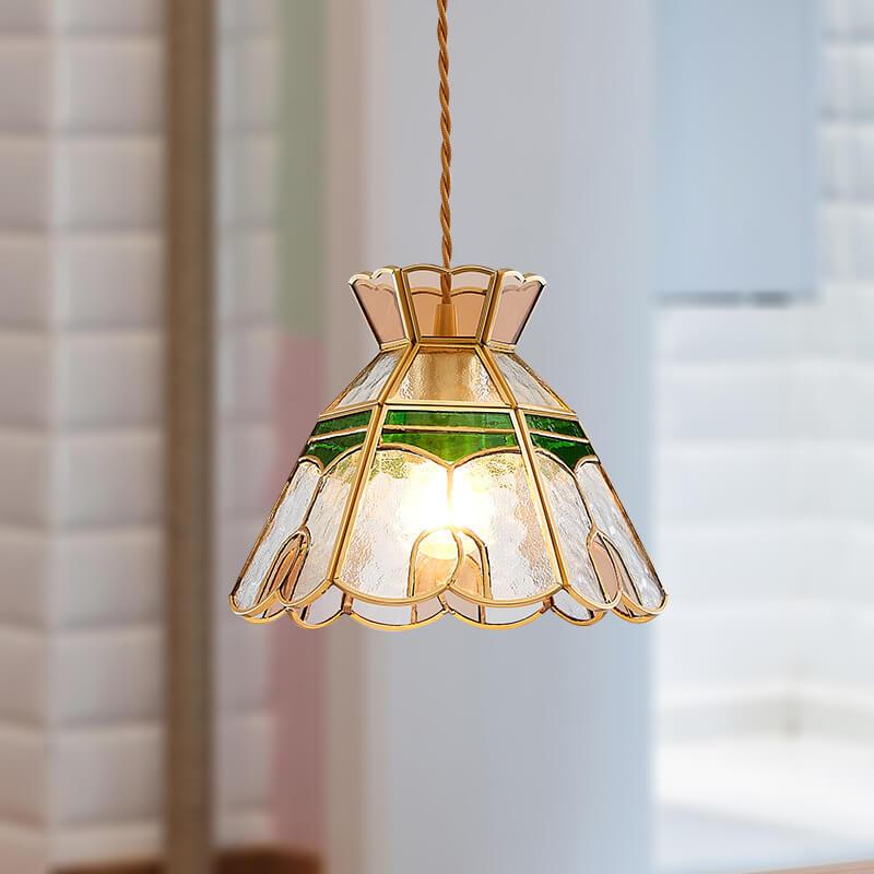 Vintage Bell Brass Glass 1-Light Pendant Light