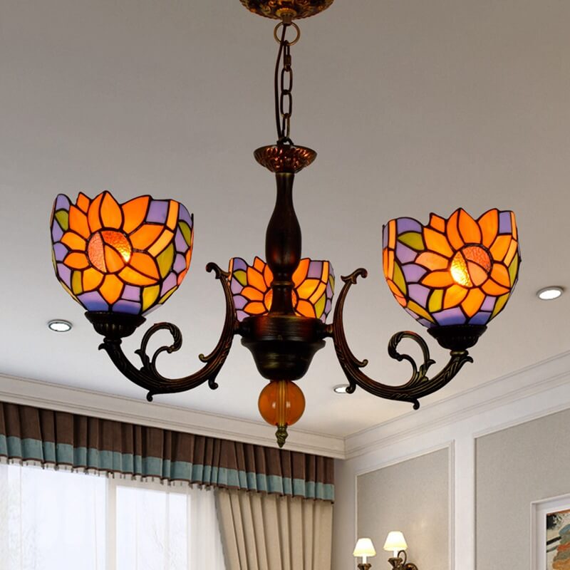 Tiffany Rustikaler Sonnenblumen-Kronleuchter aus Buntglas mit 3 Leuchten 