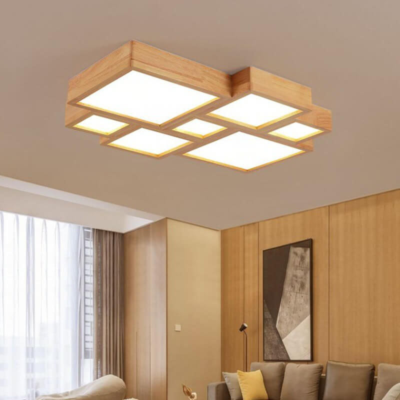 Nordic Solid Wood Square LED Flush Mount Ceiling Light