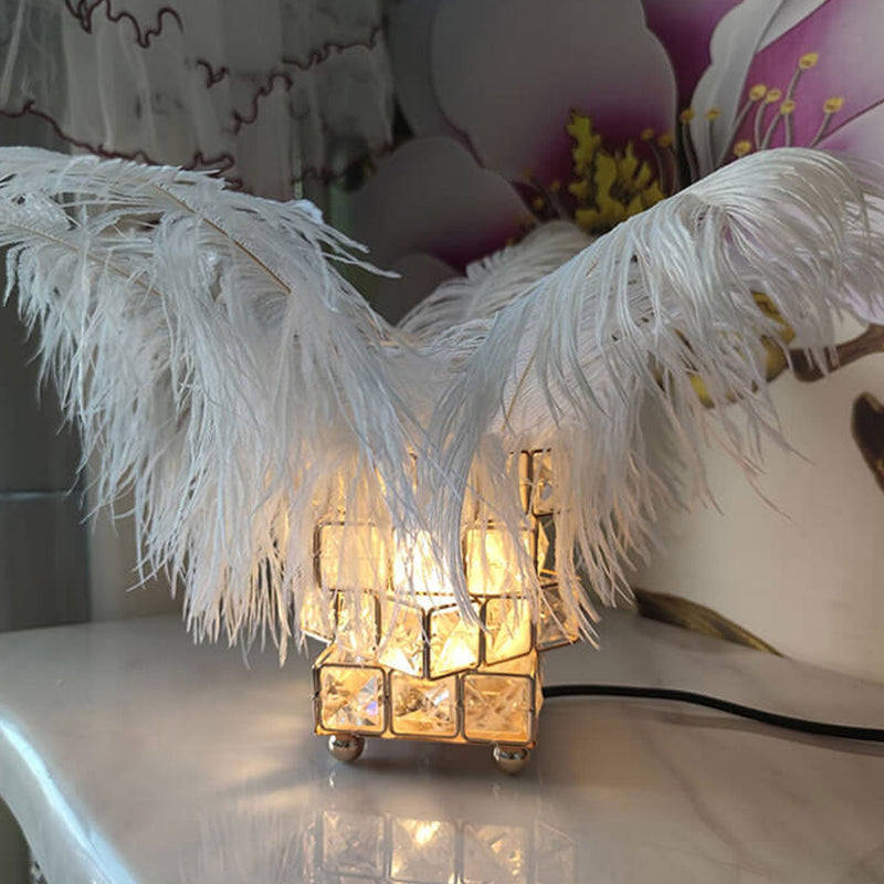 Creative Crystal Cube Ostrich Feather 1-Light Decorative Table Lamp