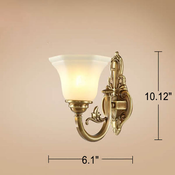 European Vintage Brass Glass Cone Carved 1/2 Light Wall Sconce Lamp