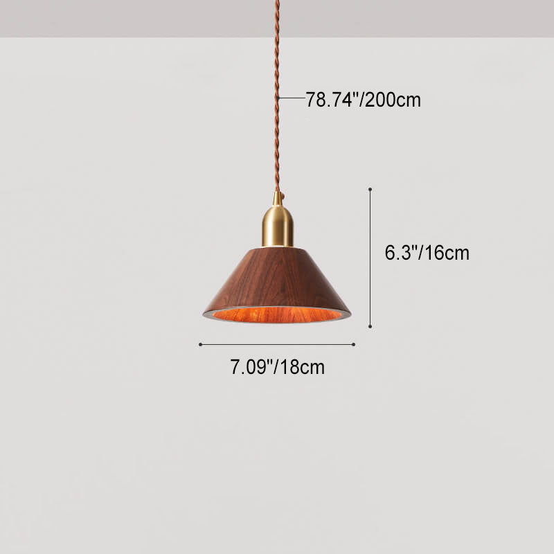 Japanese Vintage Walnut Geometric Round Cone Brass 1-Light Pendant Light