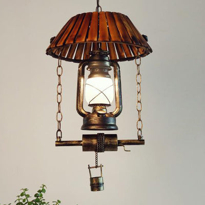 Lampe à huile au kérosène vintage Lampe suspendue en bambou à 1 lumière 