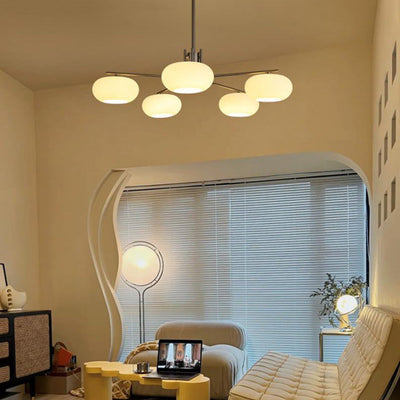 Französischer minimalistischer Kronleuchter mit weißem Kuppelglasschirm und 6 Leuchten 