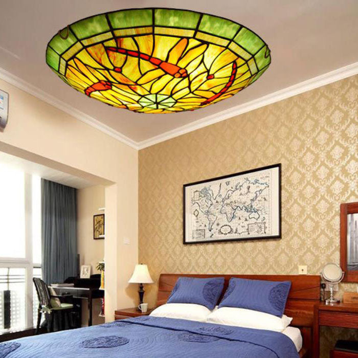 European Style Tiffany Dragonfly Stained Glass LED Flush Mount Lighting