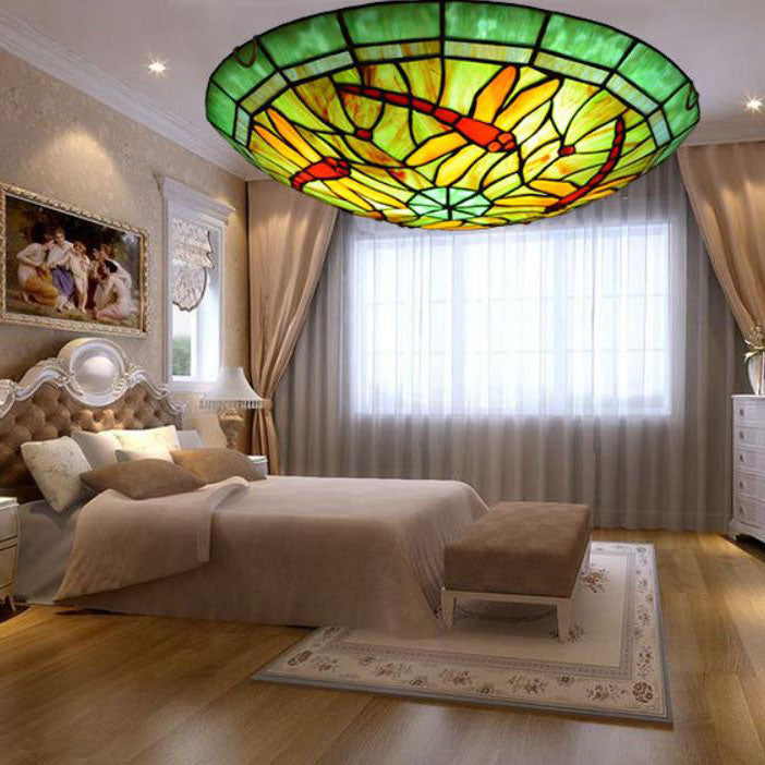 European Style Tiffany Dragonfly Stained Glass LED Flush Mount Lighting