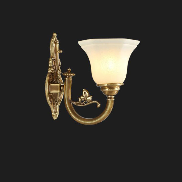 European Vintage Brass Glass Cone Carved 1/2 Light Wall Sconce Lamp