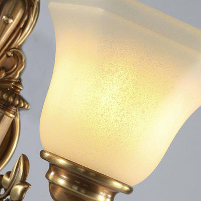 European Vintage Brass Glass Cone Carved 1/2 Light Wall Sconce Lamp