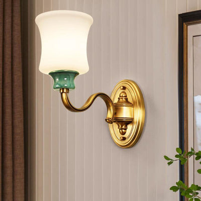 European Luxury Fabric Brass Carved 1/2 Light Wall Sconce Lamp