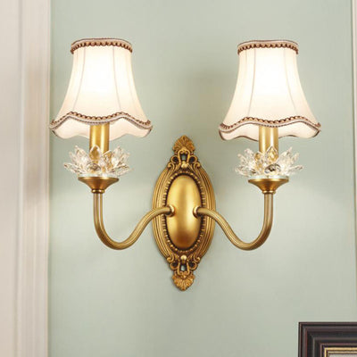 European Luxury Fabric Brass Carved 1/2 Light Wall Sconce Lamp