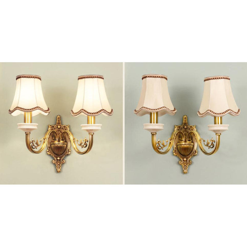 European Luxury Fabric Brass Carved 1/2 Light Wall Sconce Lamp