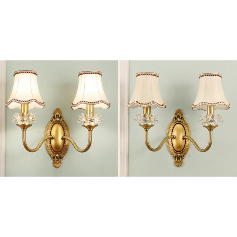 European Luxury Fabric Brass Carved 1/2 Light Wall Sconce Lamp