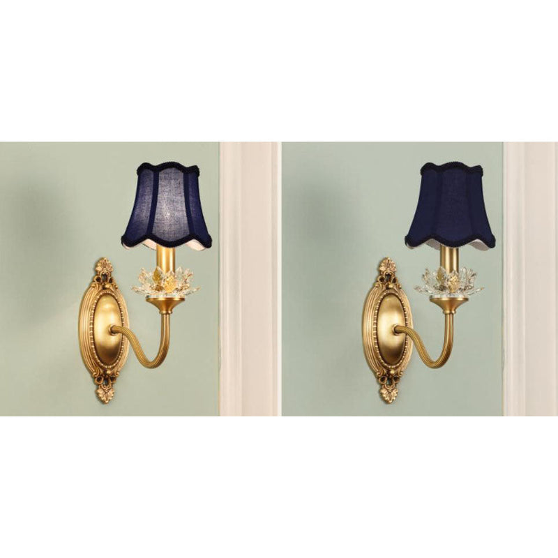 European Luxury Fabric Brass Carved 1/2 Light Wall Sconce Lamp