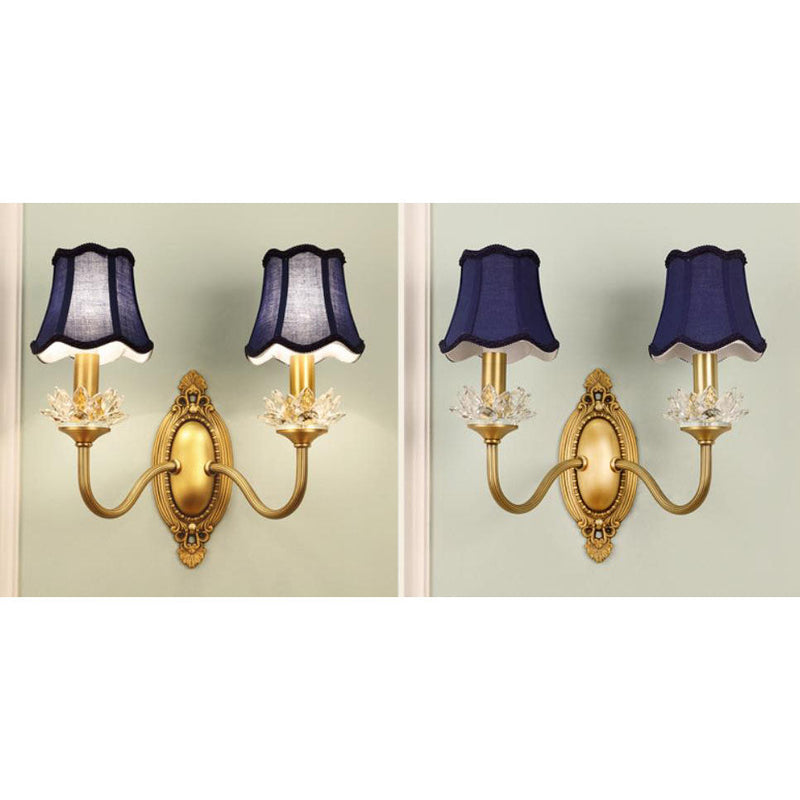 European Luxury Fabric Brass Carved 1/2 Light Wall Sconce Lamp