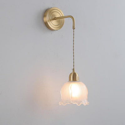 Nordic Vintage Glass Flower Petal Brass 1-Light Wall Sconce Lamp