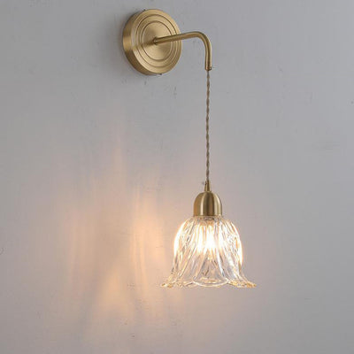 Nordic Vintage Glass Flower Petal Brass 1-Light Wall Sconce Lamp